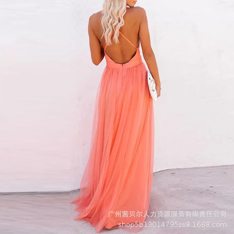 Camisole Dress Backless Sexy Women Party Dresses Spliced V Neck Sleeveless Loose Vestidos Floor Length Summer 2025 Solid