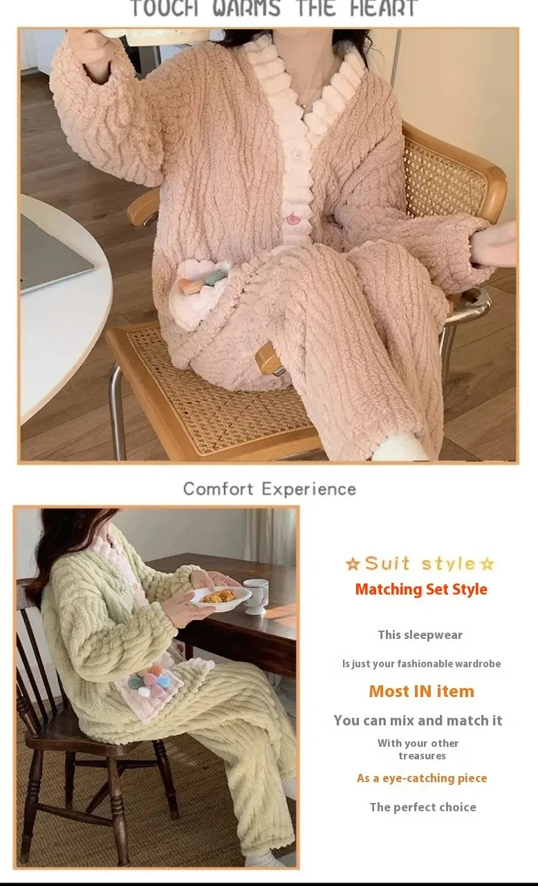 Thickened Warm Flannel Women Sleepwear Loungewear Cardigan Suit Winter Sweet Kawaii Soft Fairy Wind Ladies Pajamas Homewear