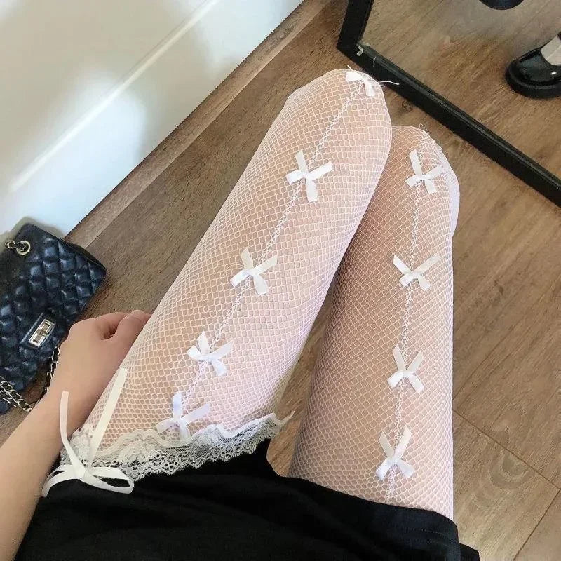 Women Stockings Pantyhose Hollow Out Transparent Slim Fishnet Pantyhose with Bow-knot