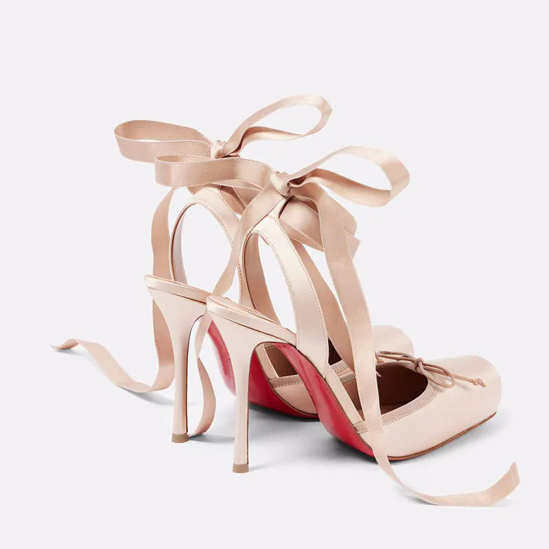 European and American Niche High-heeled Square Toe Ankle Strap Satin Bow Ballet Toe Cap Red Sole Plus Size Women's Sandals