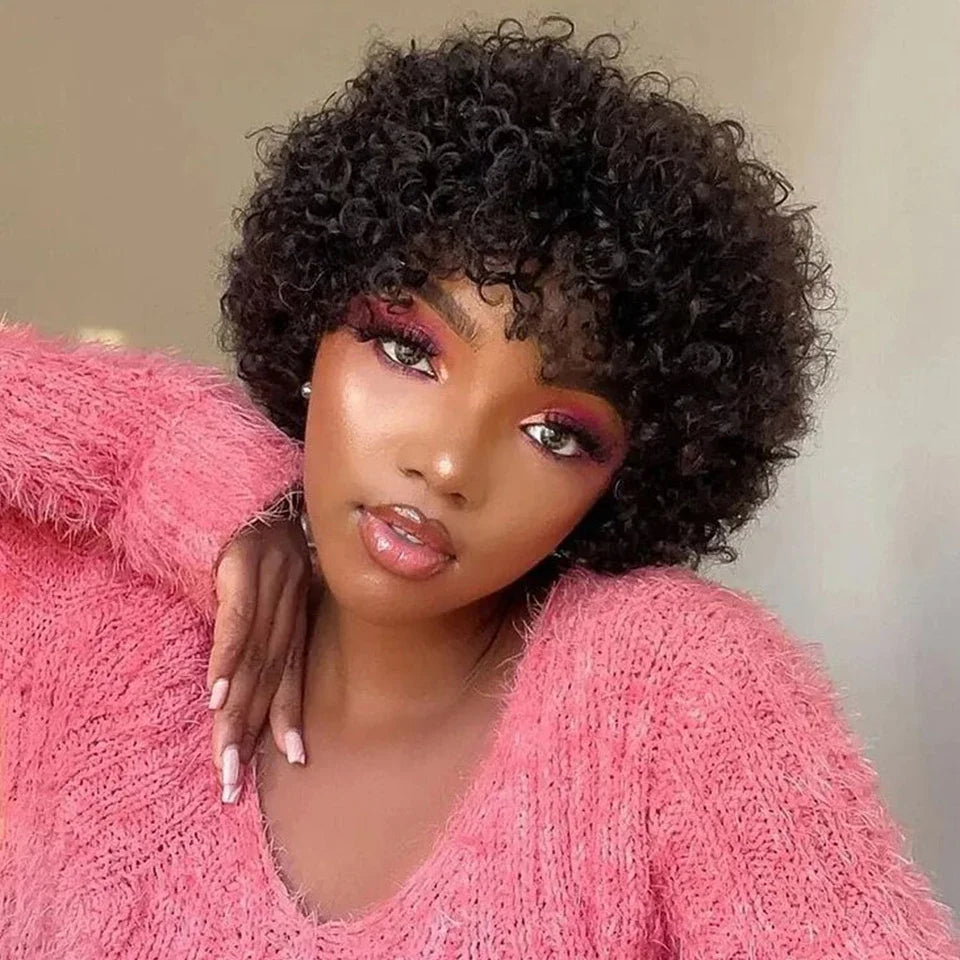 Brazilian Short Bob Pixie Afro Kinky Curly Wigs With Bangs For Black Women Natural Brown 99J Full Machine Made Human Hair Wigs