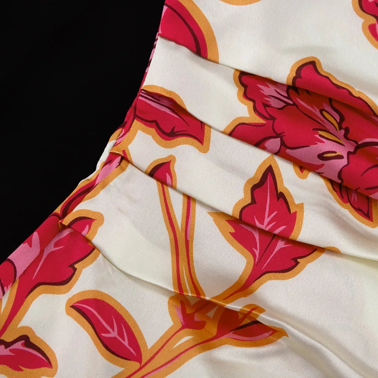 Fashion Satin Printing Sloping Shoulders Dresses Spring Women Single Shoulder Sleeves Dress Autumn High Waist Hip Hugging Dress