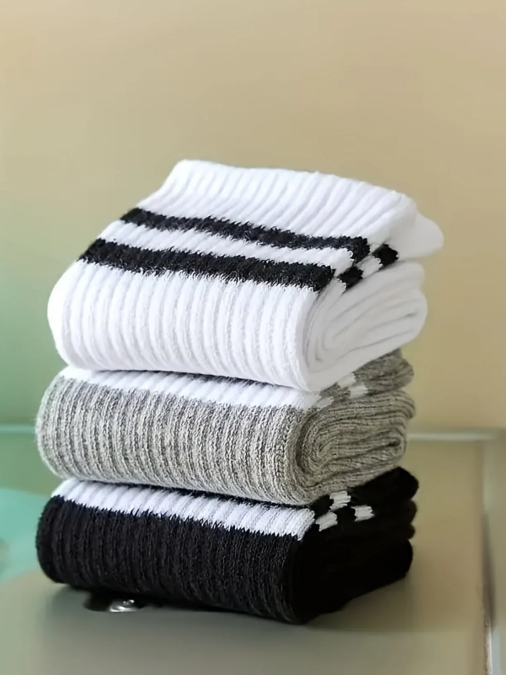 3/ 6 pairs Striped mid-calf socks, crew socks, comfortable and breathable, women's white socks, suitable for daily sports wear