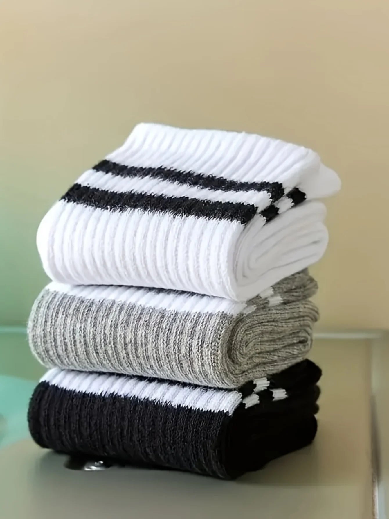 3/ 6 pairs Striped mid-calf socks, crew socks, comfortable and breathable, women's white socks, suitable for daily sports wear