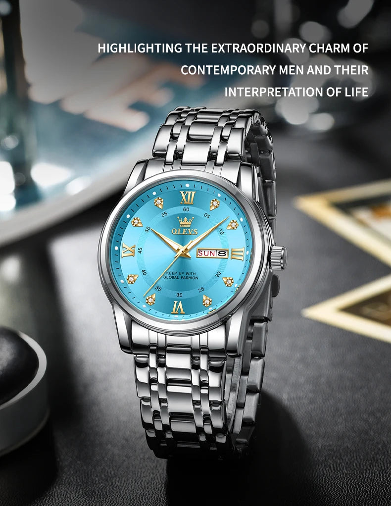OLEVS 5513 Exclusive Original Quartz Watch for Men Diamond Roman Scale Waterproof Wristwatch Dual Calendar Stainless Steel Watch