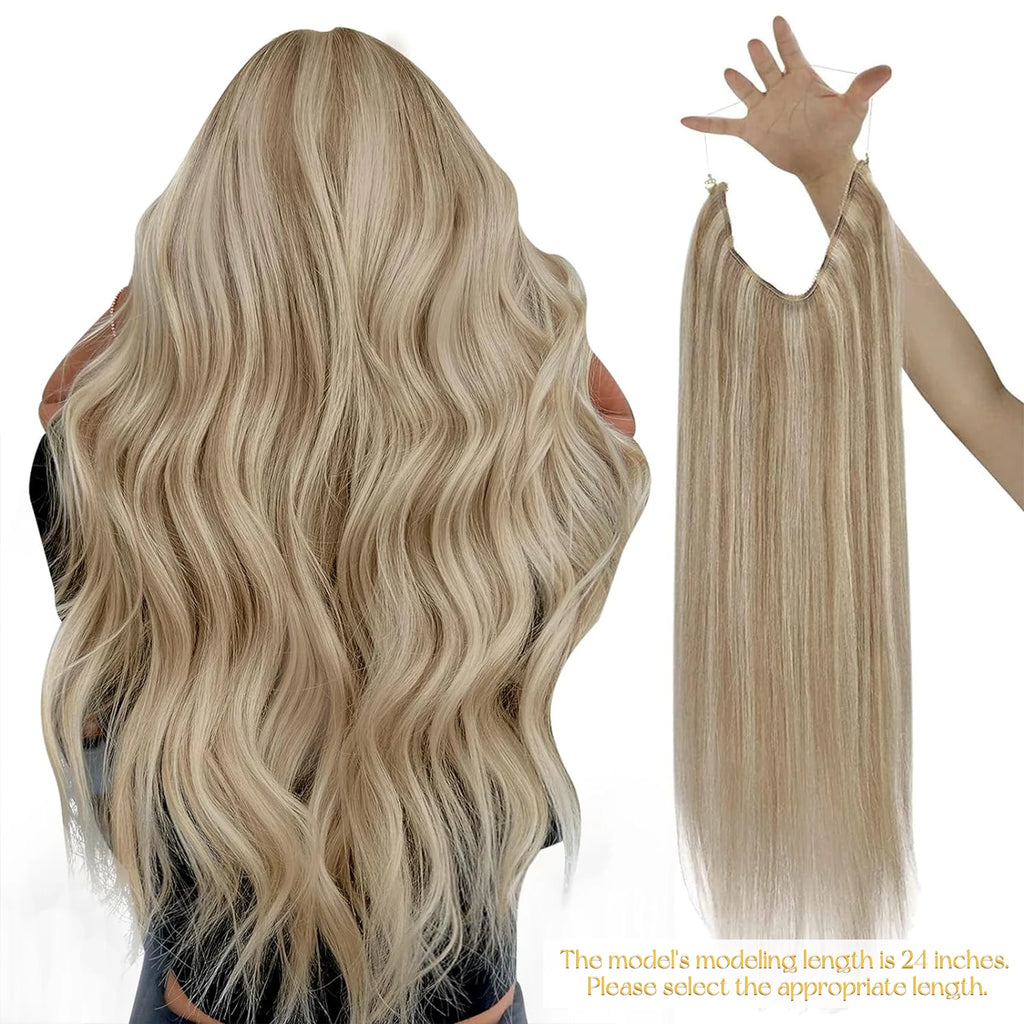 VeSunny Fish Line Human Hair Extension Wire Natural Hair One Piece Invisible Wire Hair Weft with 2 Clips Blonde Soft Remy Hair