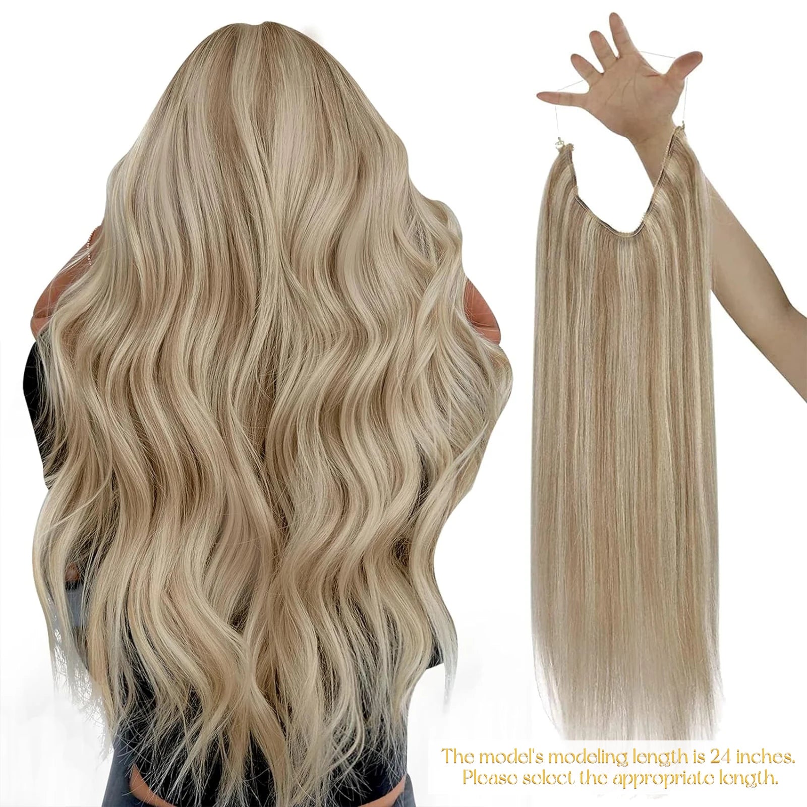 VeSunny Fish Line Human Hair Extension Wire Natural Hair One Piece Invisible Wire Hair Weft with 2 Clips Blonde Soft Remy Hair