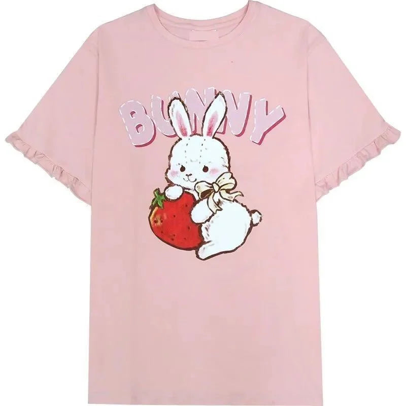 Summer Women Cute Lolita Pink T-Shirts Cartoon Strawberry Rabbit Print Tshirt Ruffles Short Sleeve Tops JK Girls Kawaii Tee Top
