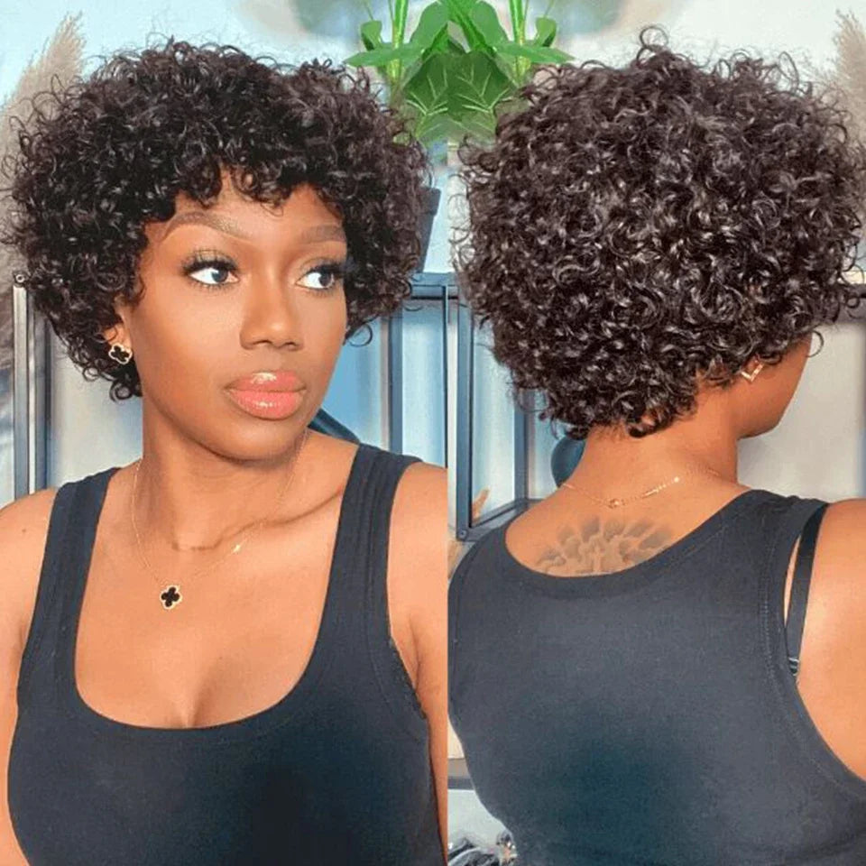 Brazilian Short Bob Pixie Afro Kinky Curly Wigs With Bangs For Black Women Natural Brown 99J Full Machine Made Human Hair Wigs