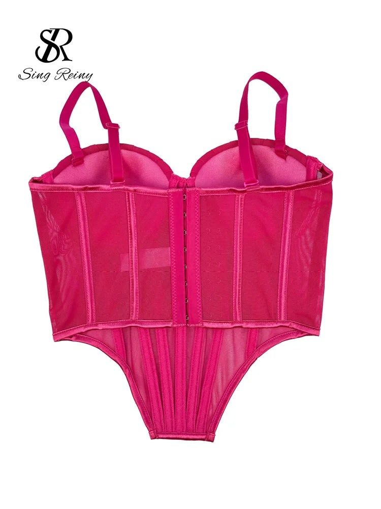 SINGREINY Fashion Solid Corset Lingerie Top Ladies Strap Sheer Mesh Slim Camisole American Retro Backless Beach Sexy Tank Top
