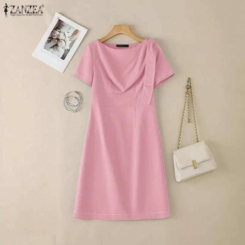 ZANZEA Elegant Women OL Work Dresses 2026 Summer Short Sleeve Solid Knee Length Dress Robe Stylish A Line Waisted Party Vestidos