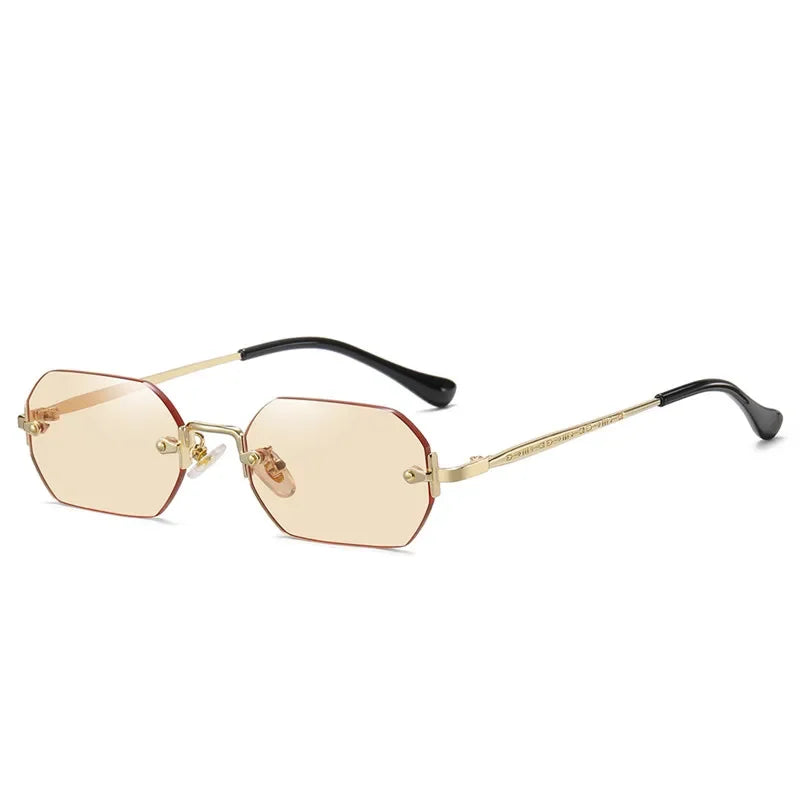 Rimless Rectangle Sunglasses Small Men Glasses Women Metal Gold Polygon Blue Shades 2024 UV400 Frameless