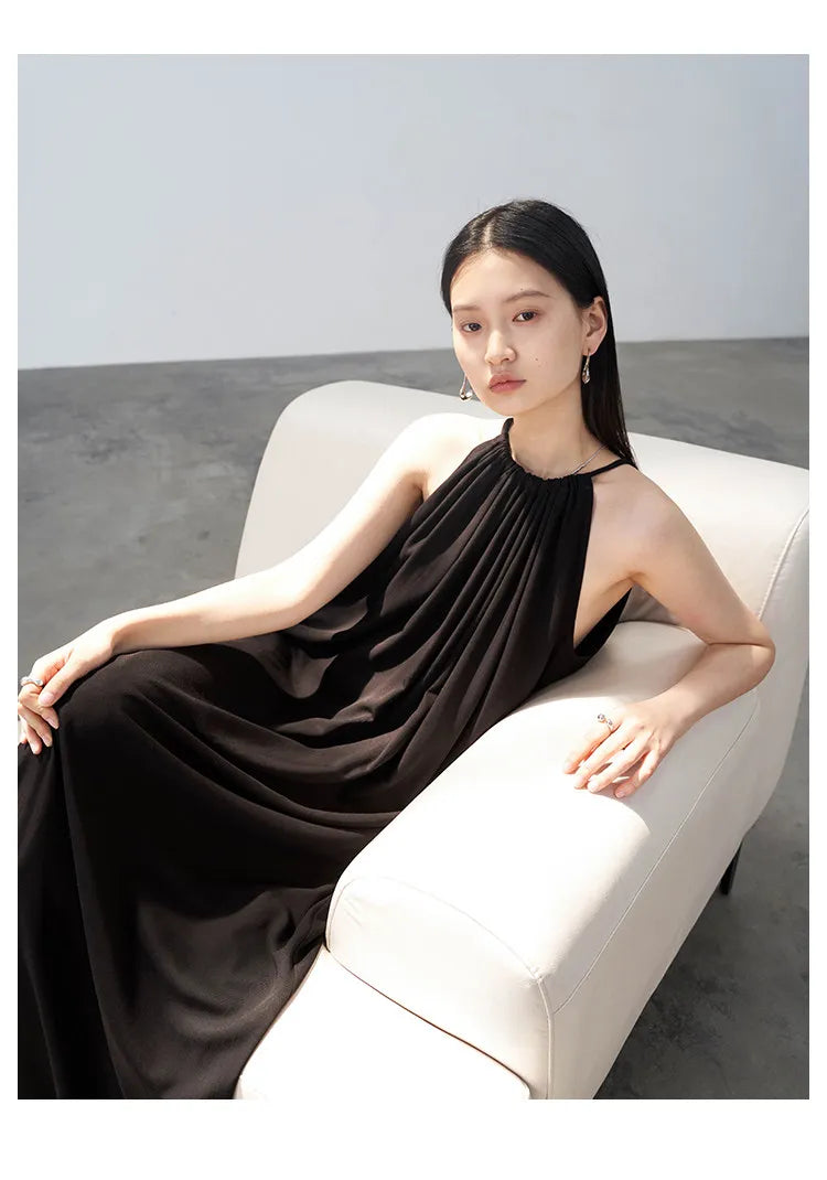 CHIC VEN Women Halter Dress A Line Solid Loose Casual Lace Up Black Sleeveless Holiday Female Long Dress Pullover Summer 2026