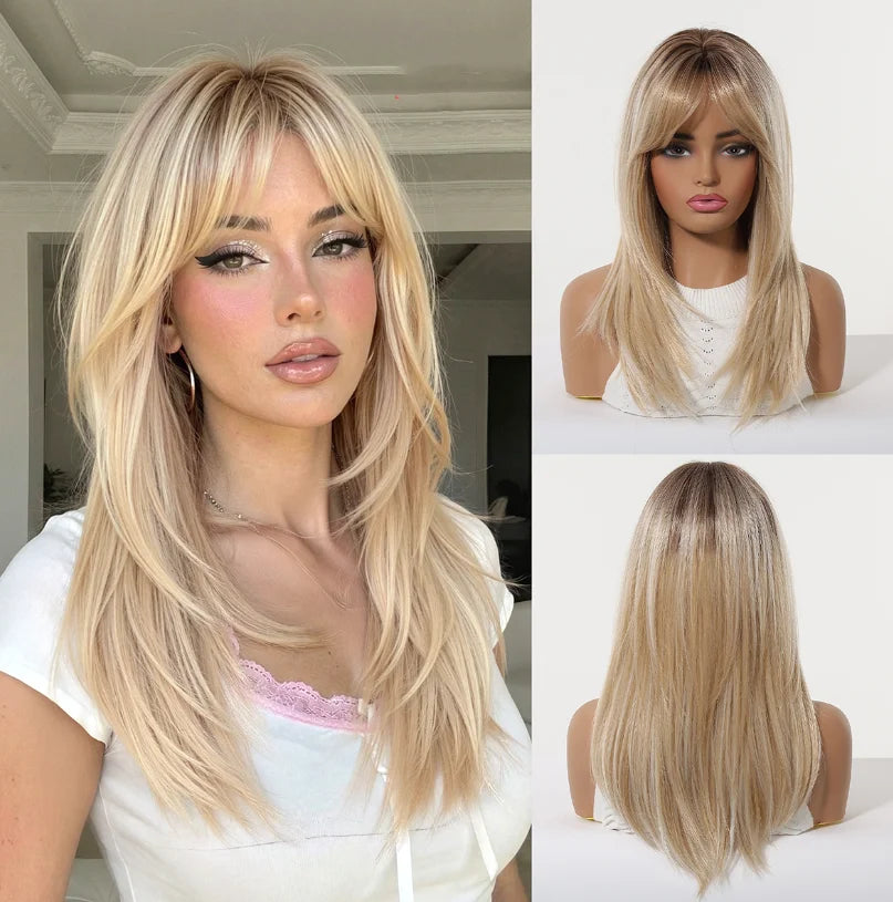 ALAN EATON Long Brown Highlight Synthetic Wigs Layered Straight Hair Wig Realistic Fake Hair for Daily Wear High Temperature Wig