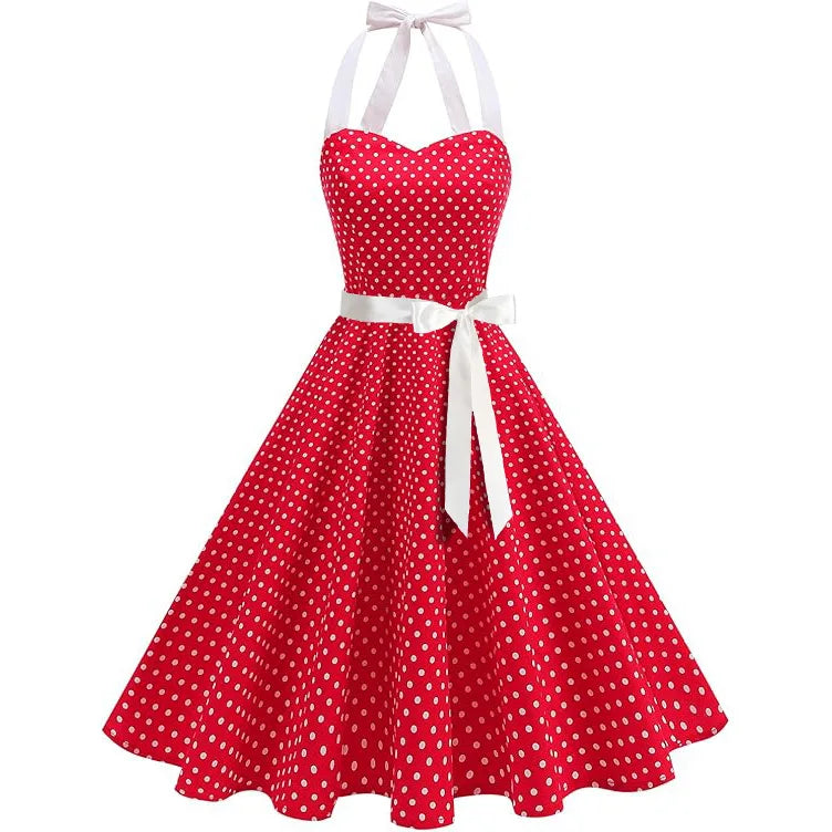 Elegant Women Pink Polka Dot Dress Summer Robe Hepburn 1950s 60s Vintage Sexy Halter Rockabilly Retro Party Dresses 2026 Vestido