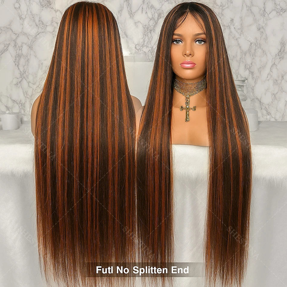 Brown Ginger Highlight Wigs Human Hair Bone Straight 5x5 Lace Frontal Glueless Pre Cut Ombre Ginger Colored Hair Wigs For Women