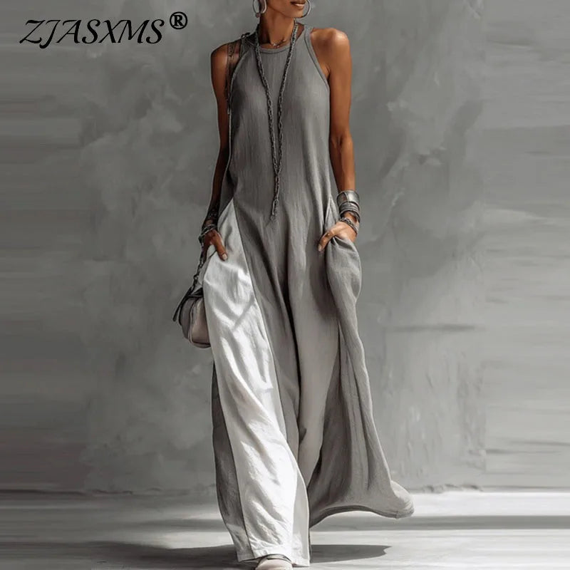 Casual Sleeveless Summer Boho Vacation Maxi Dress Woman Sexy O Neck Contrast Color Long Dress Spring Pocket A-Line Party Dresses
