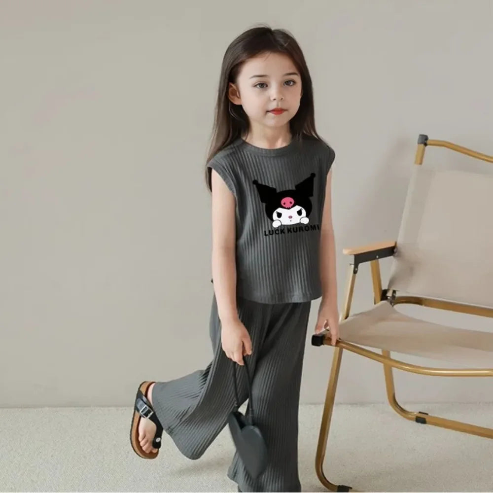 2026 Summer Kuromi Anime Kawaii Baby Ice Silk Sleeveless Vest Top Pants Two Sets Cute Cartoon Children Clothes Gifts for Kids