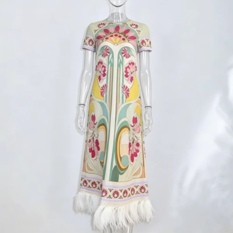 Women Art Floral Print Feather Hem Maxi Dress Short Sleeve Crew Neck Loose Fit Dresses 2026 Summer Fashion Elegant Lady Outwear