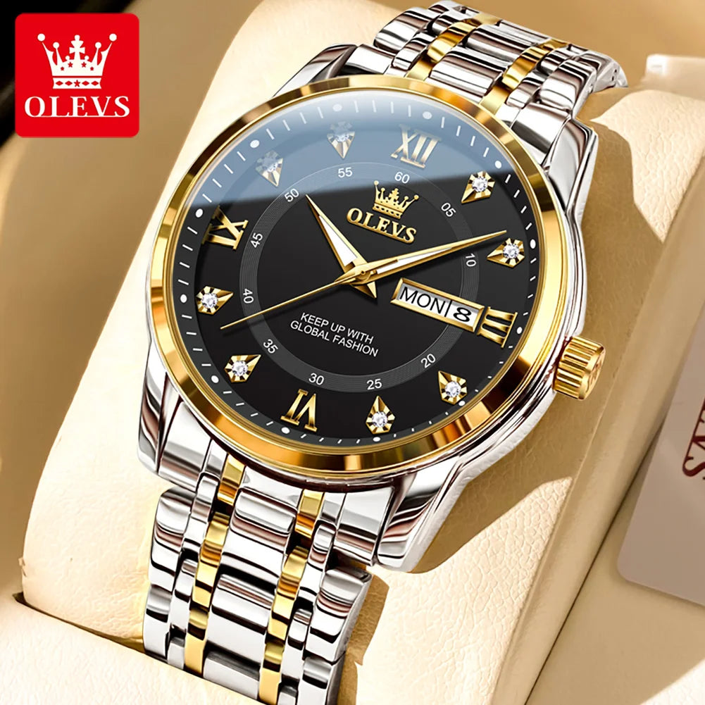 OLEVS 5513 Mens Watch Original Fashion Brand Quartz Waterproof Luminous Watch For Man Stainless Steel Dual Calendar Watch Box