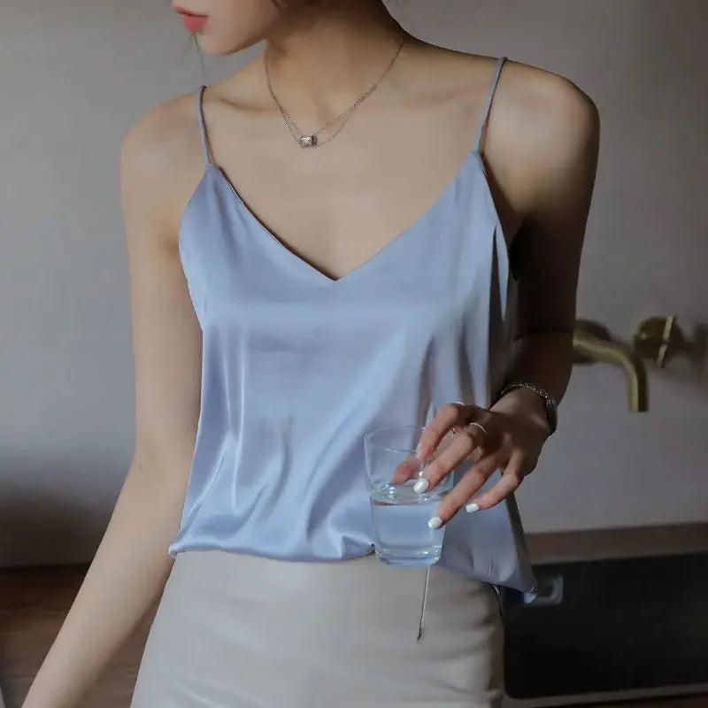 Women Halter V Neck Basic White Cami Spaghetti Strap Top Sleeveless Satin Silk 2026 Tank Tops Women'S Summer Camisole