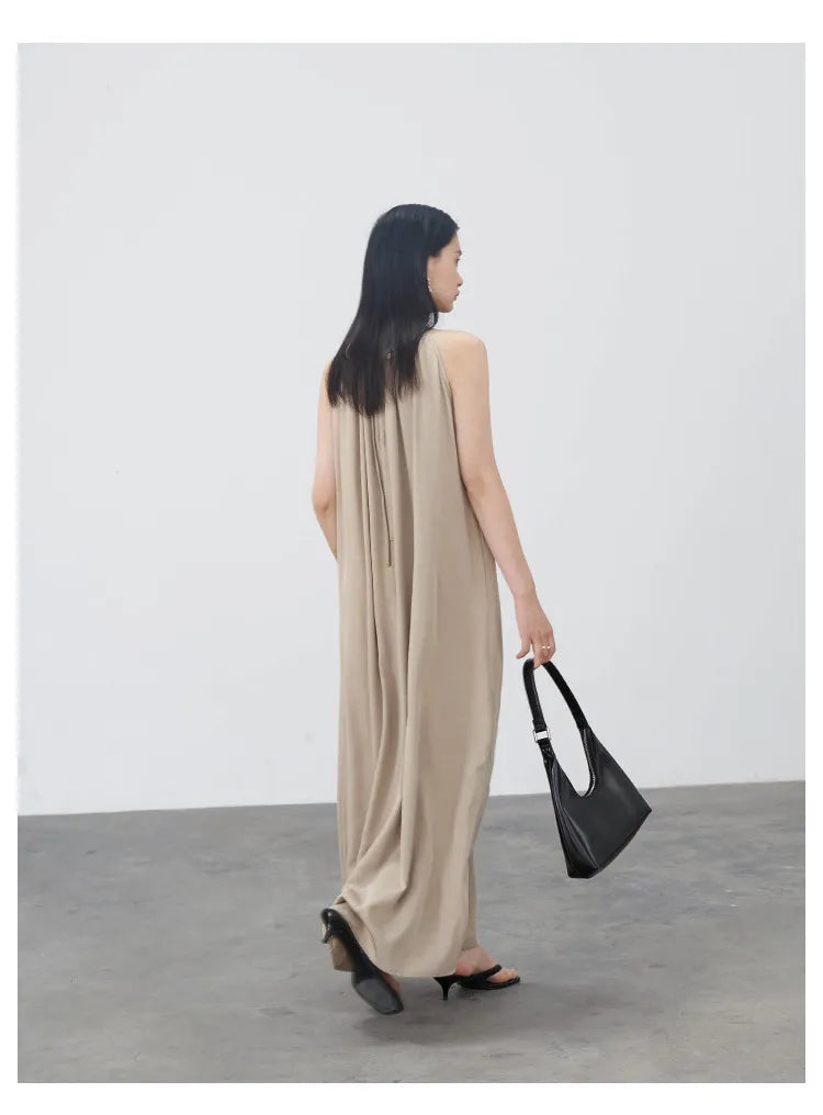 CHIC VEN Women Halter Dress A Line Solid Loose Casual Lace Up Black Sleeveless Holiday Female Long Dress Pullover Summer 2026