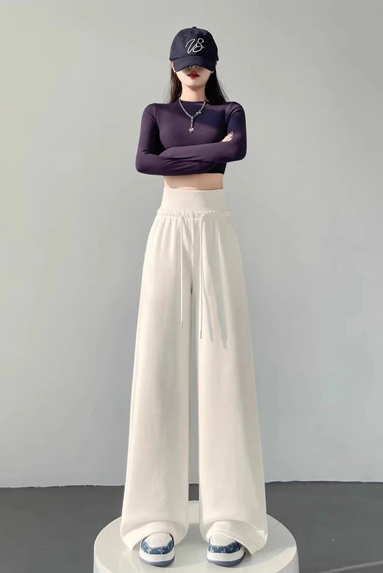 Women's gray sports high waist hanging loose slimming straight leg wide leg pants American sweatpants.