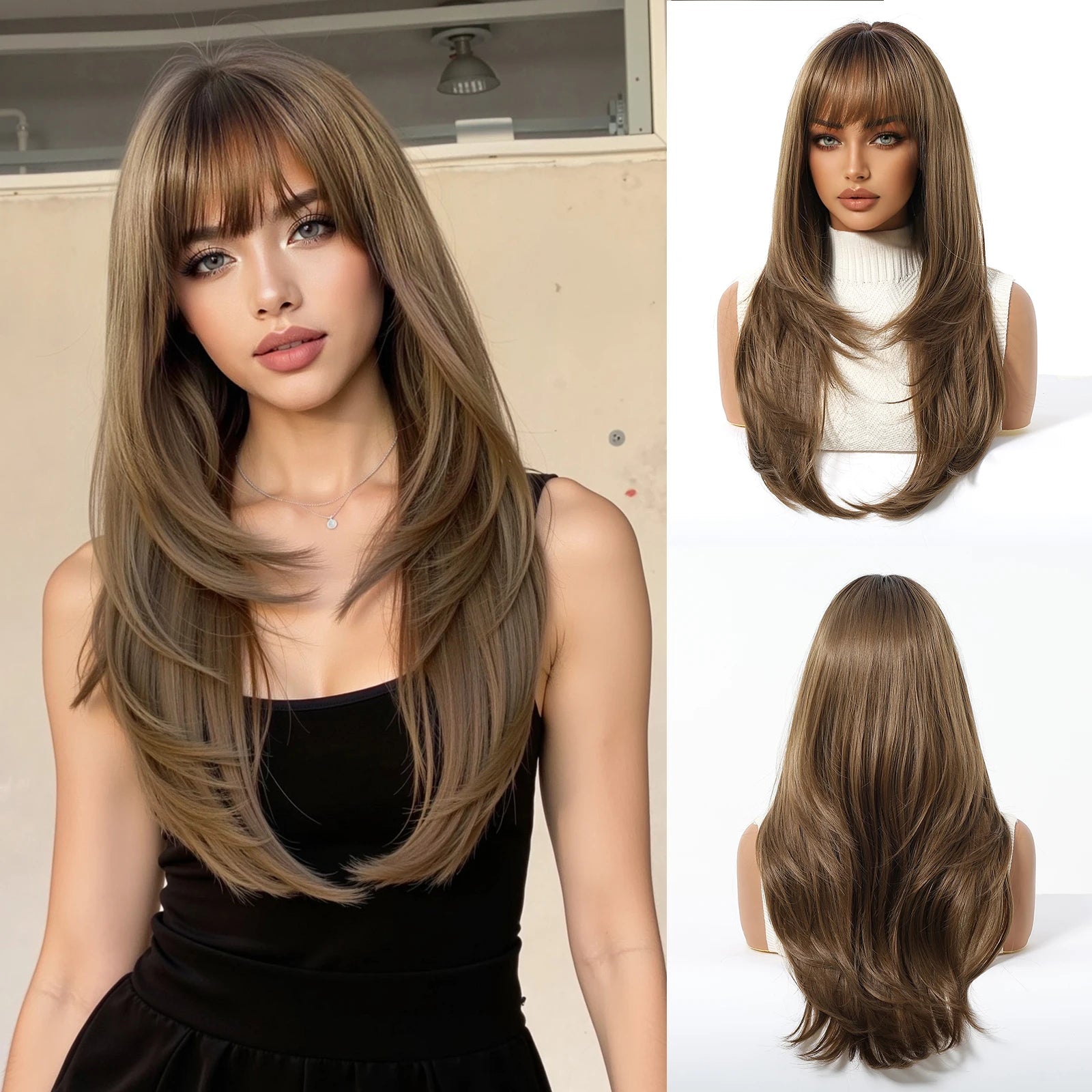 ALAN EATON Long Brown Highlight Synthetic Wigs Layered Straight Hair Wig Realistic Fake Hair for Daily Wear High Temperature Wig