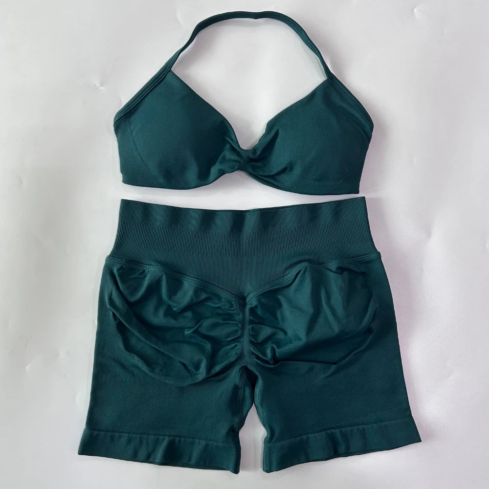NO LOGO 2PCS Gym Set Women Strappy Yoga Bra Top High Waist Workout Scrunch Shorts Sports Suit Seamless Yoga Set Fitness Clothes