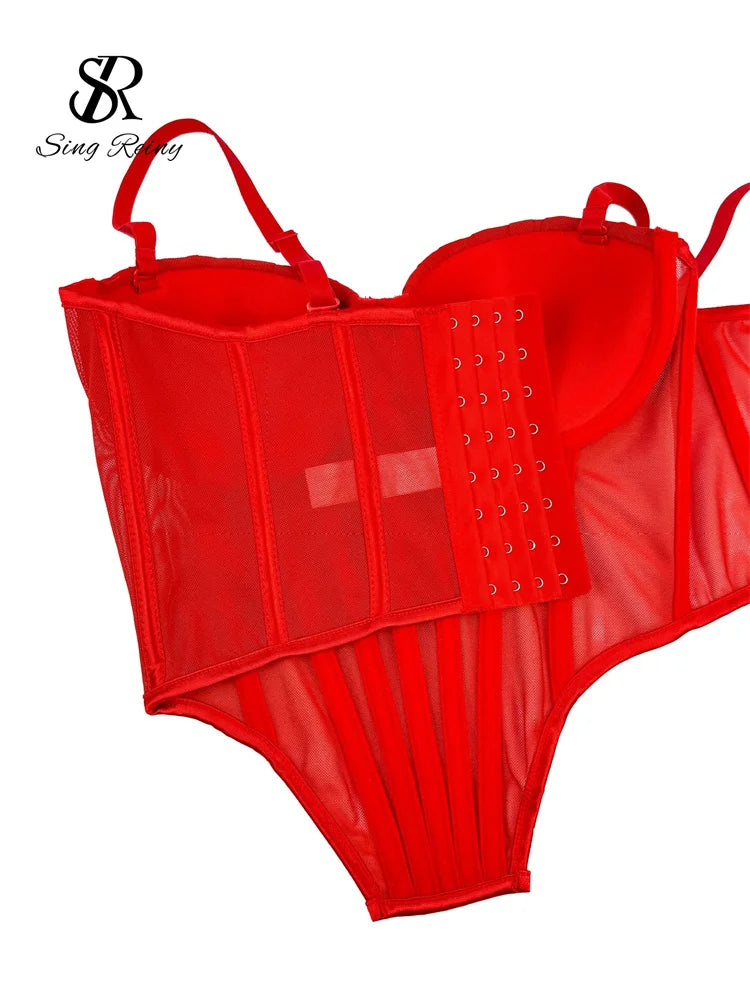 SINGREINY Fashion Solid Corset Lingerie Top Ladies Strap Sheer Mesh Slim Camisole American Retro Backless Beach Sexy Tank Top