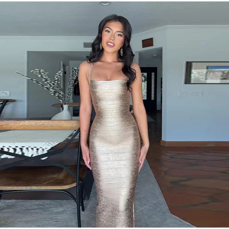 Metallic Shimmer Spaghetti Strap Sweetheart Neck Maxi Dress Bodycon Bandage For Women Night Out Party And Evening Wear