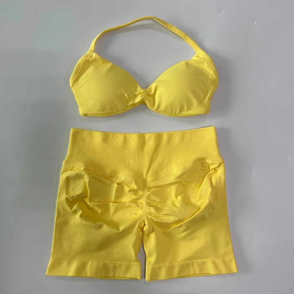 NO LOGO 2PCS Gym Set Women Strappy Yoga Bra Top High Waist Workout Scrunch Shorts Sports Suit Seamless Yoga Set Fitness Clothes