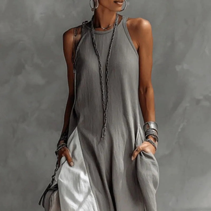 Casual Sleeveless Summer Boho Vacation Maxi Dress Woman Sexy O Neck Contrast Color Long Dress Spring Pocket A-Line Party Dresses