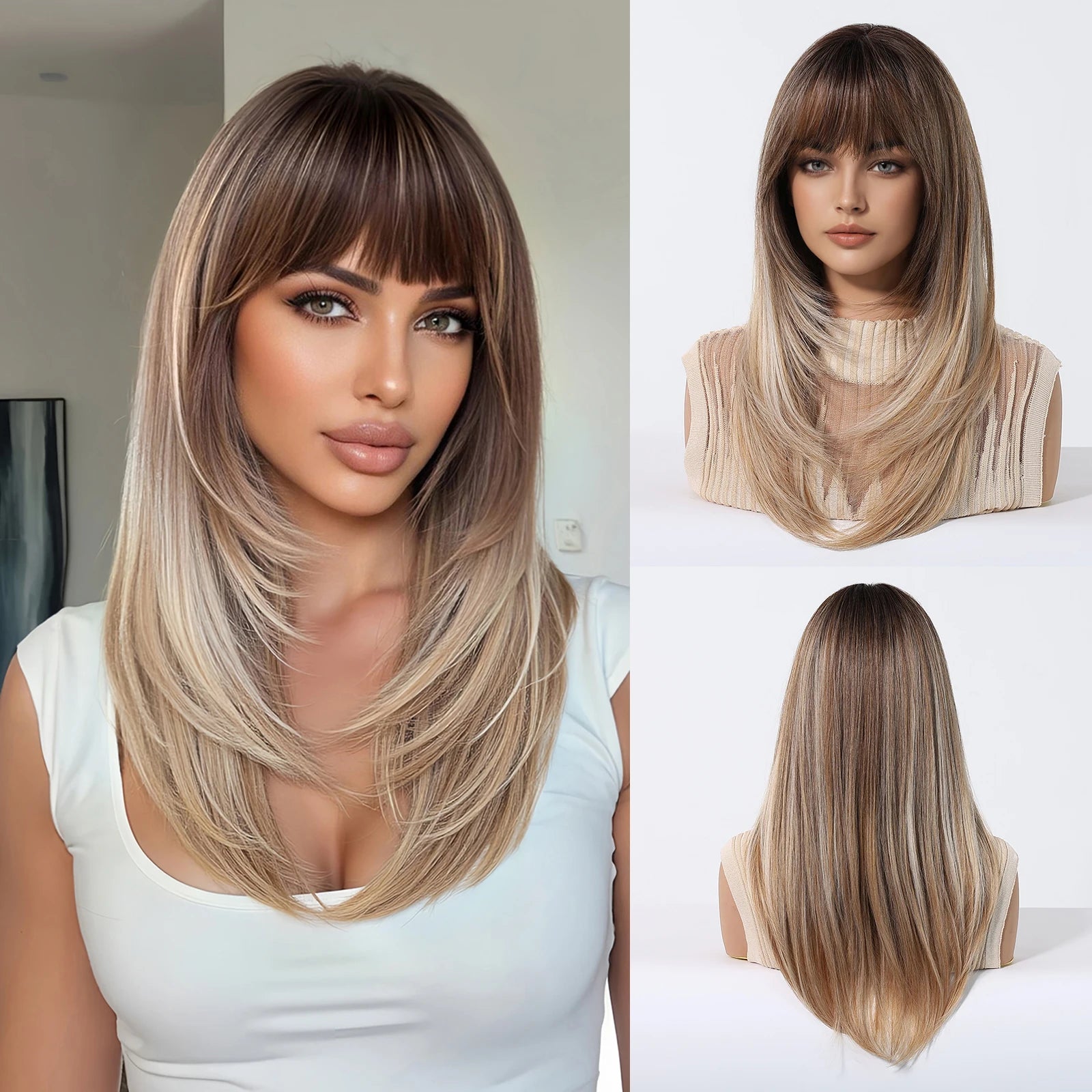 ALAN EATON Long Brown Highlight Synthetic Wigs Layered Straight Hair Wig Realistic Fake Hair for Daily Wear High Temperature Wig