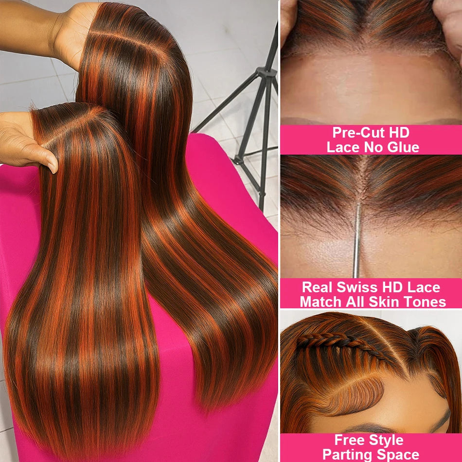 Brown Ginger Highlight Wigs Human Hair Bone Straight 5x5 Lace Frontal Glueless Pre Cut Ombre Ginger Colored Hair Wigs For Women