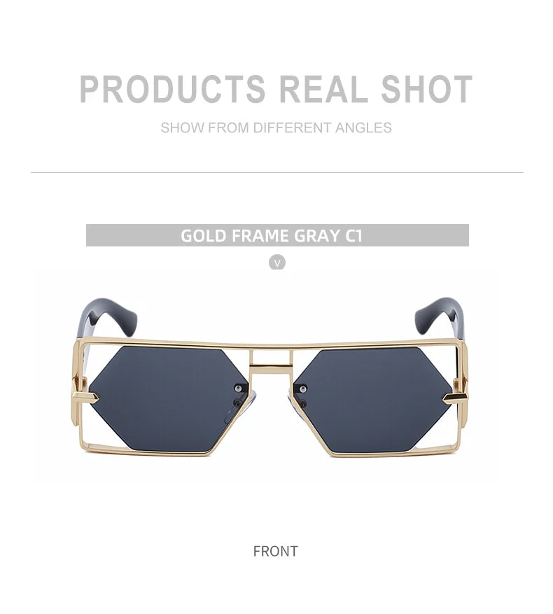 Steampunk Rectangle Sunglasses Women Men 2026 Luxury Hollow Metal Frame Sun Glasses Vintage Punk Hexagon Eyewear UV400 Shades