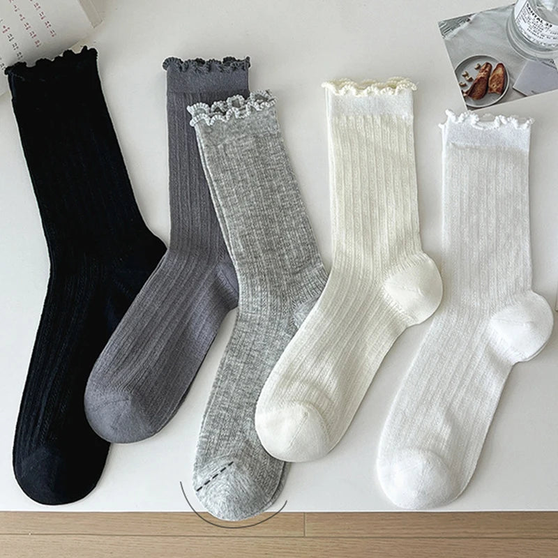 5/10 Pairs Women Solid Color Mesh Mid Tube Socks Summer Lightweight Breathable Fashionable Wavy Edge Ballet Style Casual Socks