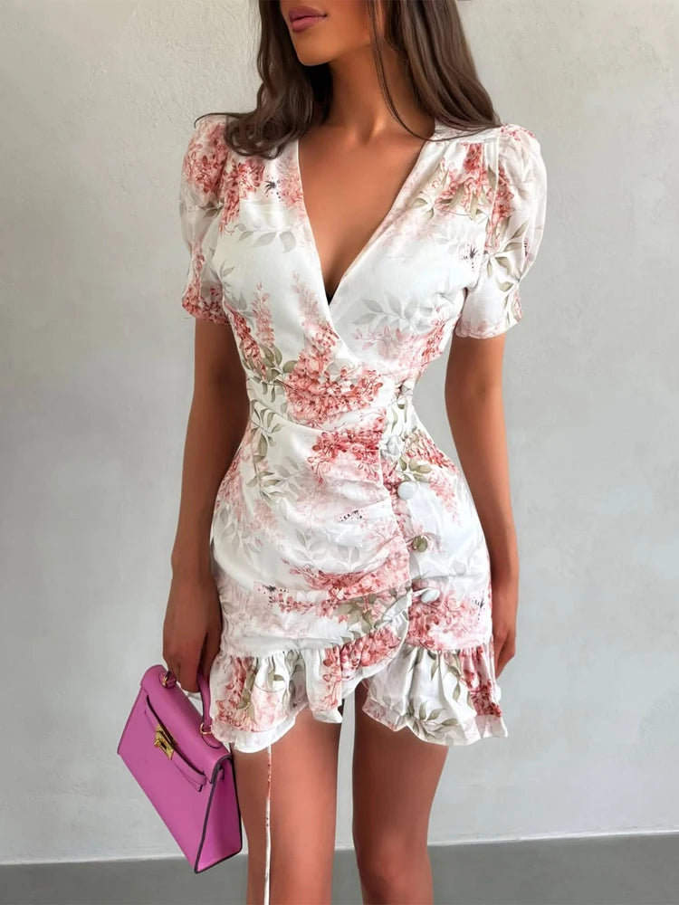Elegant Floral Printed Mini Dress Women V-neck Short Sleeves Waist-cinching Ruffle Hem Dresses 2026 Lady Summer Vacation Gowns