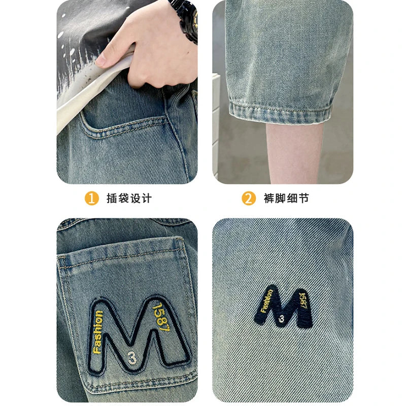 New Summer Teen Boys Shorts Jeans Fashion Letter M Embroidery Short Denim Pants For 4-14 Years Kids Children Trousers
