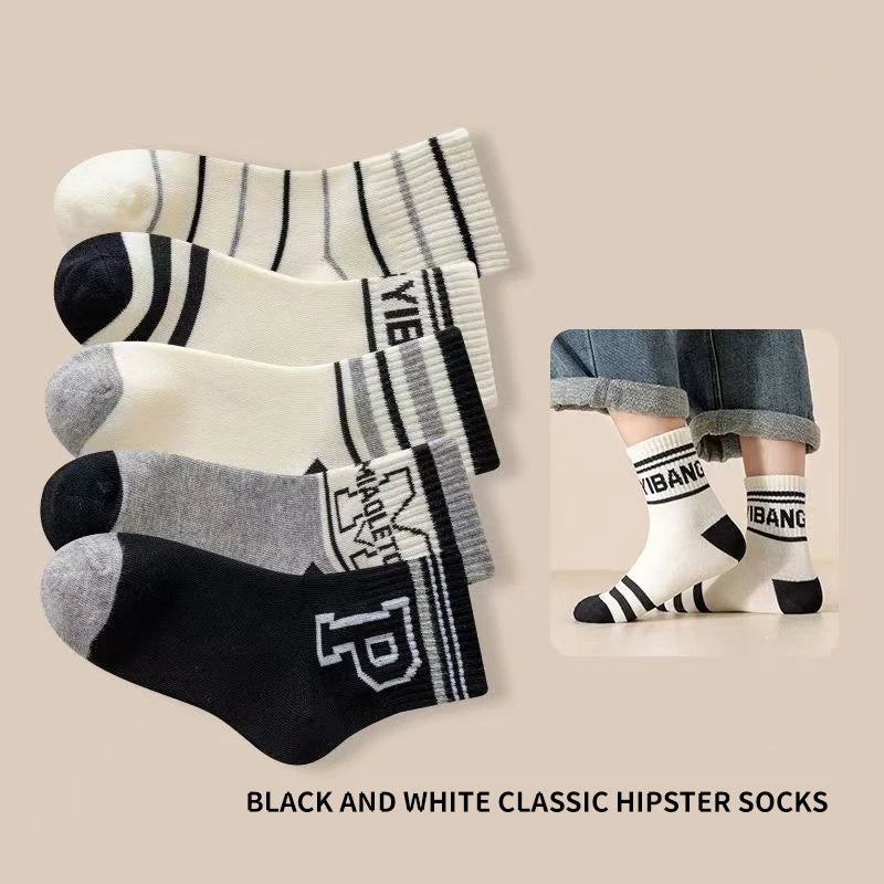 5 Pairs Letter Children Boys Sports Socks High Quility Cotton Combed Comfortable Soft Sweat Absorbing Elastic Mid-calf Kids Sock