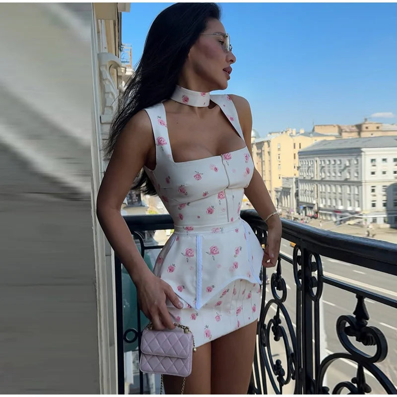 Elegant Floral Printed Mini Dress With Belt Women Square Neck Sleeveless Slim Summer Dresses Lady New Casual Daily Robe 2026