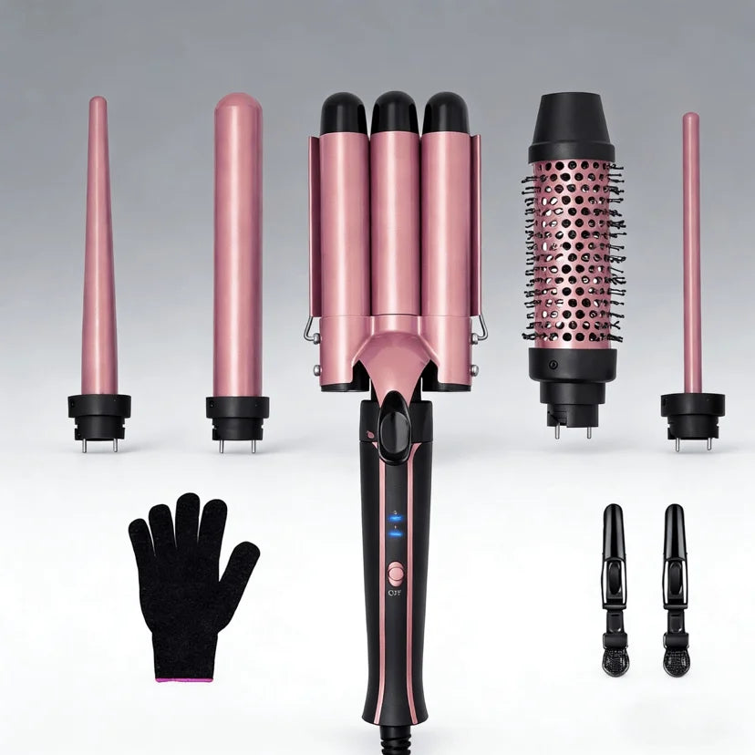 Curling Iron Set 6-in-1 Hair Curler with 3 Barrel Hair Crimper, Hair Straightener - Waver Heating Styling Tools for Women