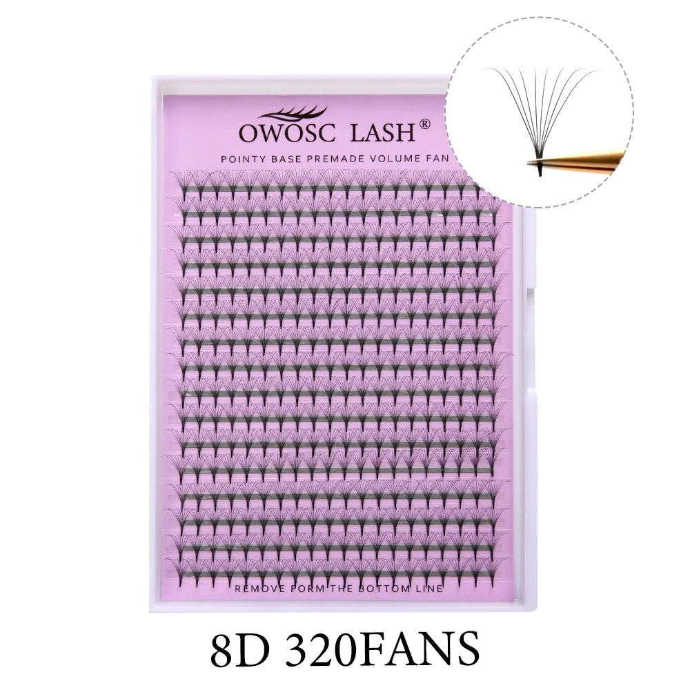 OWOSC Pointy Base Premade Volume Fans Eyelash Extension 3D/6D/8D/10D/12D/14D Individual Sharp Pointy Stem 320 fans Custom Logo