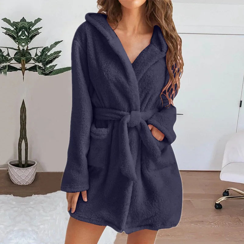 Winter Women Bath Robe Fluffy Plush Pyjamas Ladies Sexy Hooded Dressing Solid Color Gown Warm Bathrobe Female loungewear