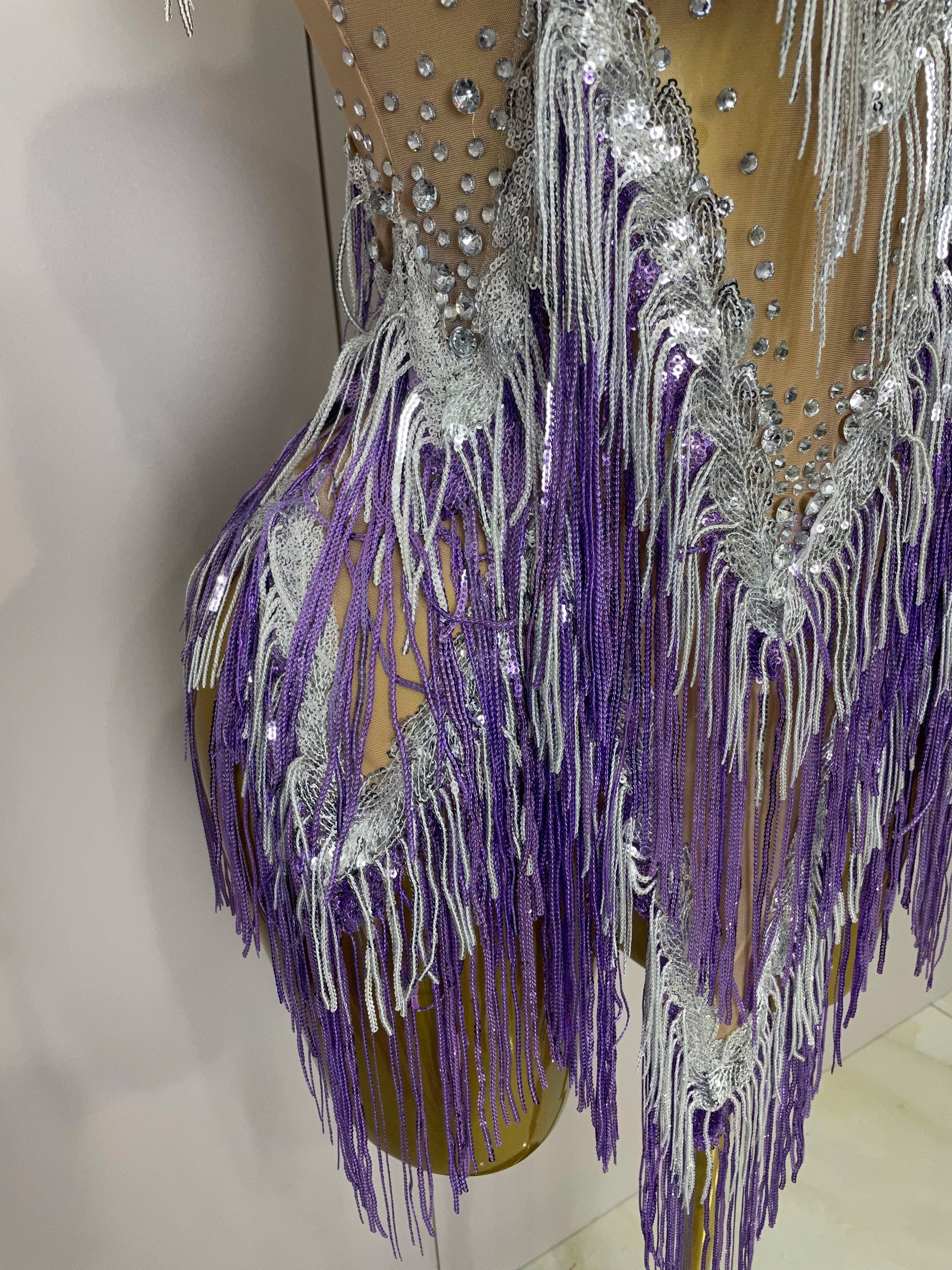 Stock 2025 Women Sexy Stretch Mesh Sparkly Rhinestone Tassels Mini Dress Nightclub Singer Dance Stage Costume Evening Gowns