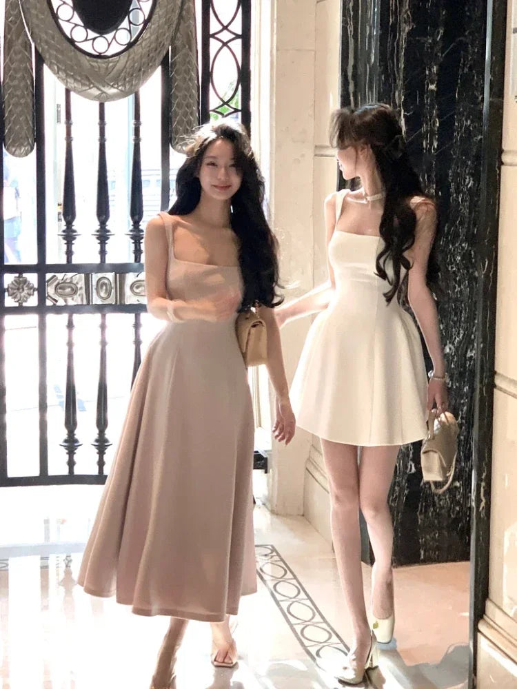 Elegant Korean Fashion Summer Evening Party Red U-neck Sling Dress Lady Casual High Waist Sleeveless Strap Mini Dress for Women