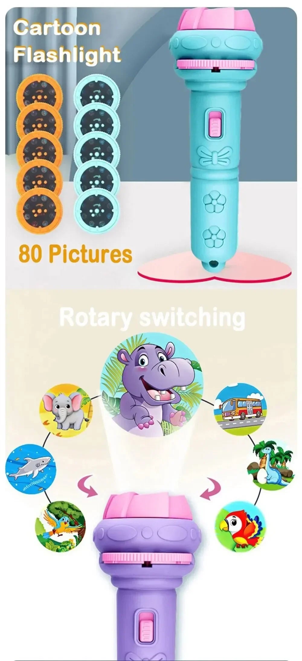 Projector Flashlight for Kids 10 Cards 80 Patterns Bedtime Toys Cartoon Light Educational Toy Gift for Toddler Boys Girls