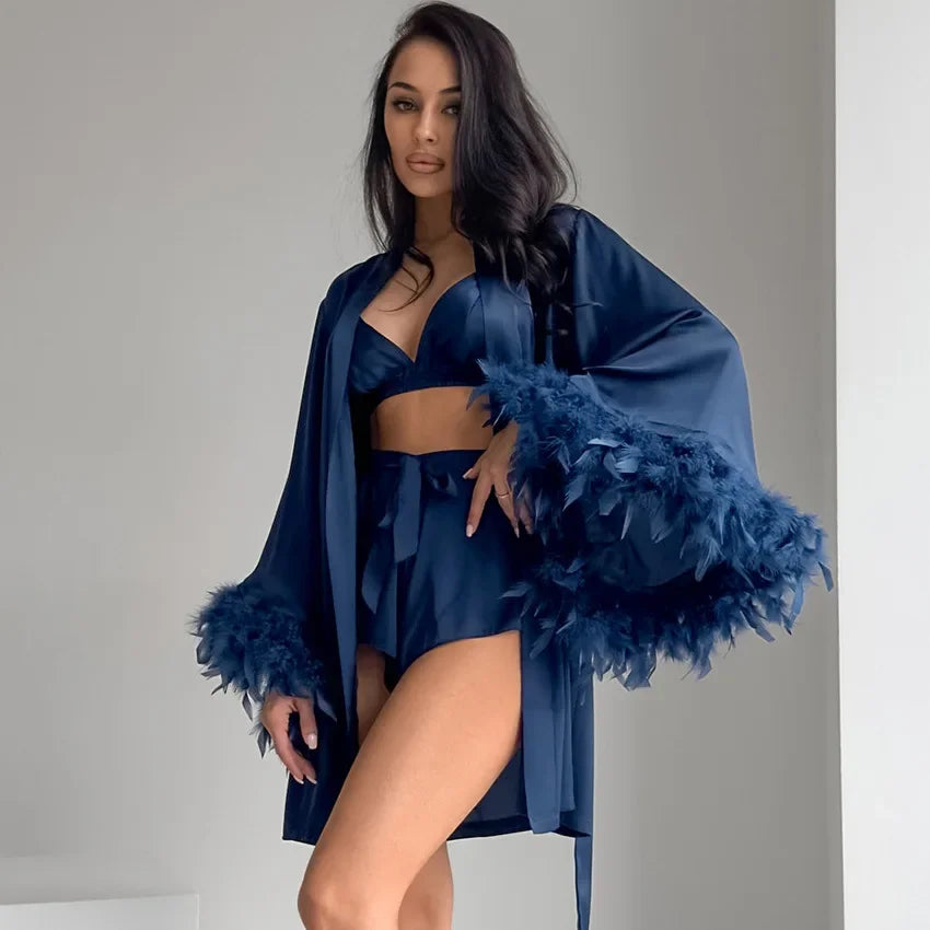 Shorts Nightgown Three-piece Set, Imitation Silk, Loungewear, Feather Pajamas