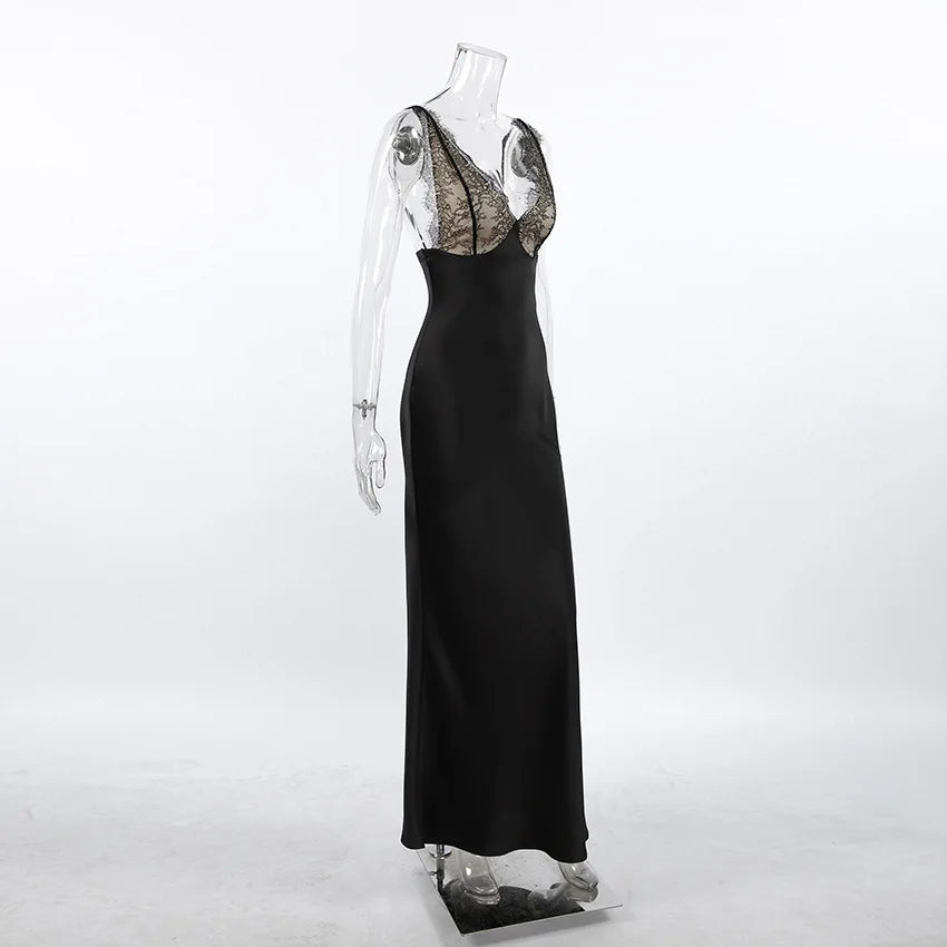 Tossy Lace V-Neck Printed Long Dress Women's Patchwork High Waist Slim Backless Summer 2026 New Dress Female Party Dress Gown