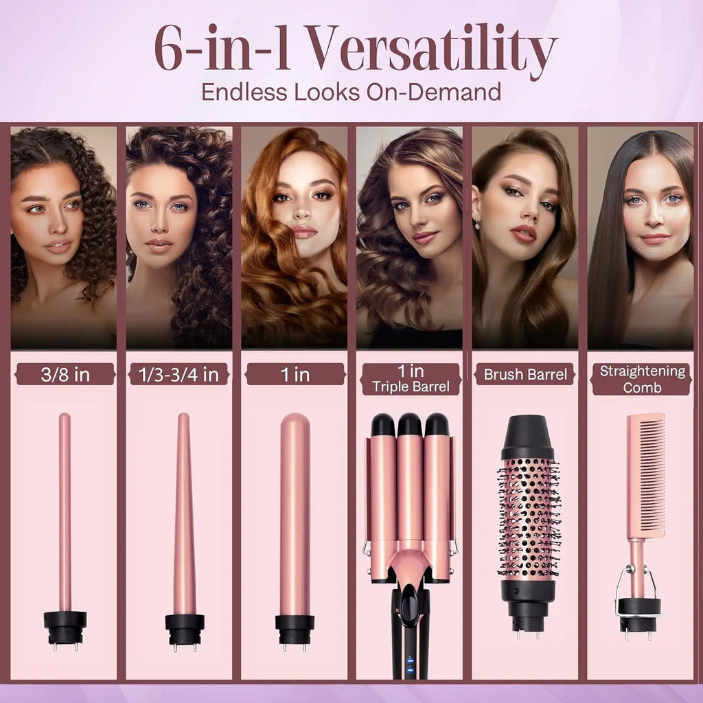 Curling Iron Set 6-in-1 Hair Curler with 3 Barrel Hair Crimper, Hair Straightener - Waver Heating Styling Tools for Women